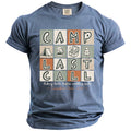 Blue t-shirt with "CAMP LAST CALL" graphic and camping icons.