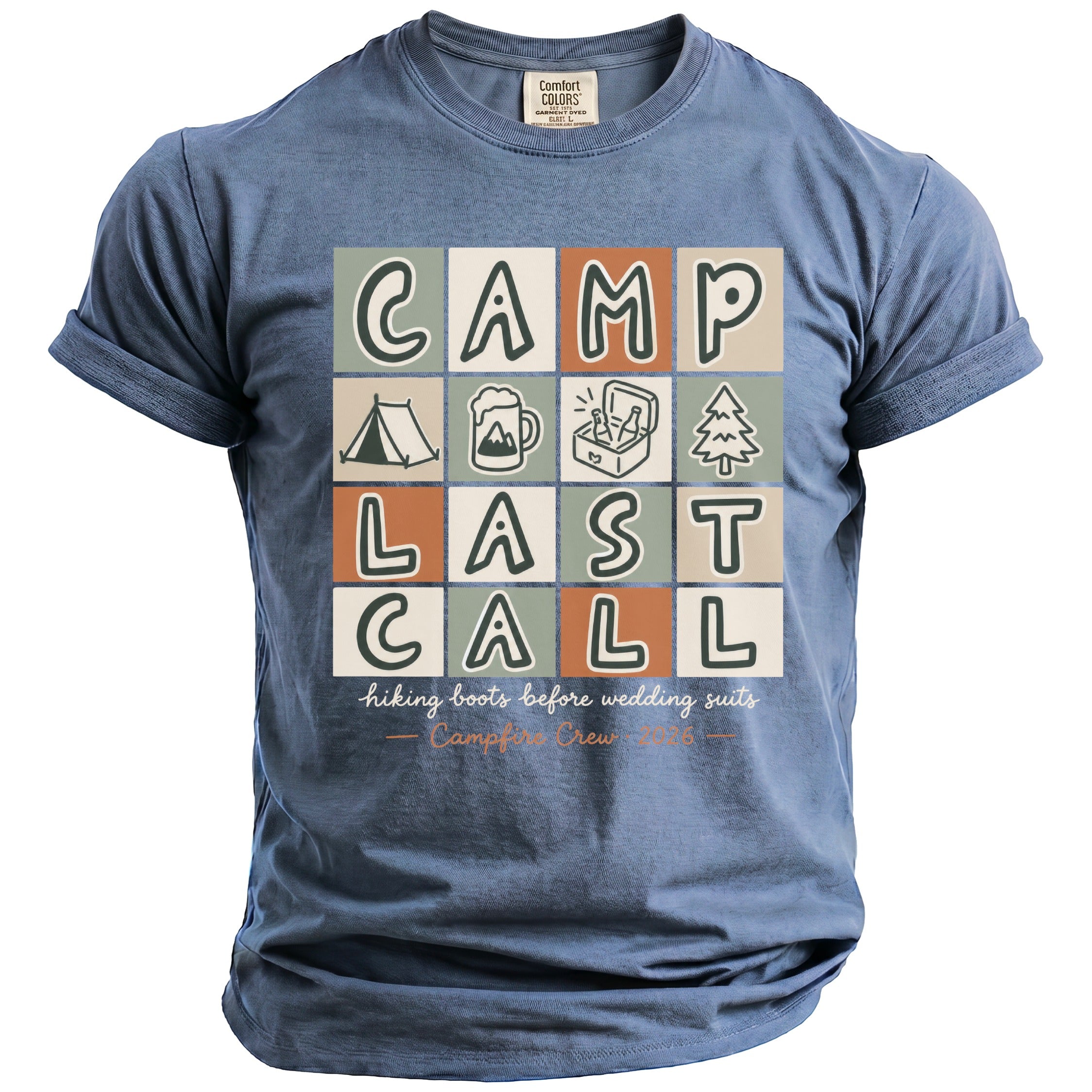 Blue t-shirt with "CAMP LAST CALL" graphic and camping icons.