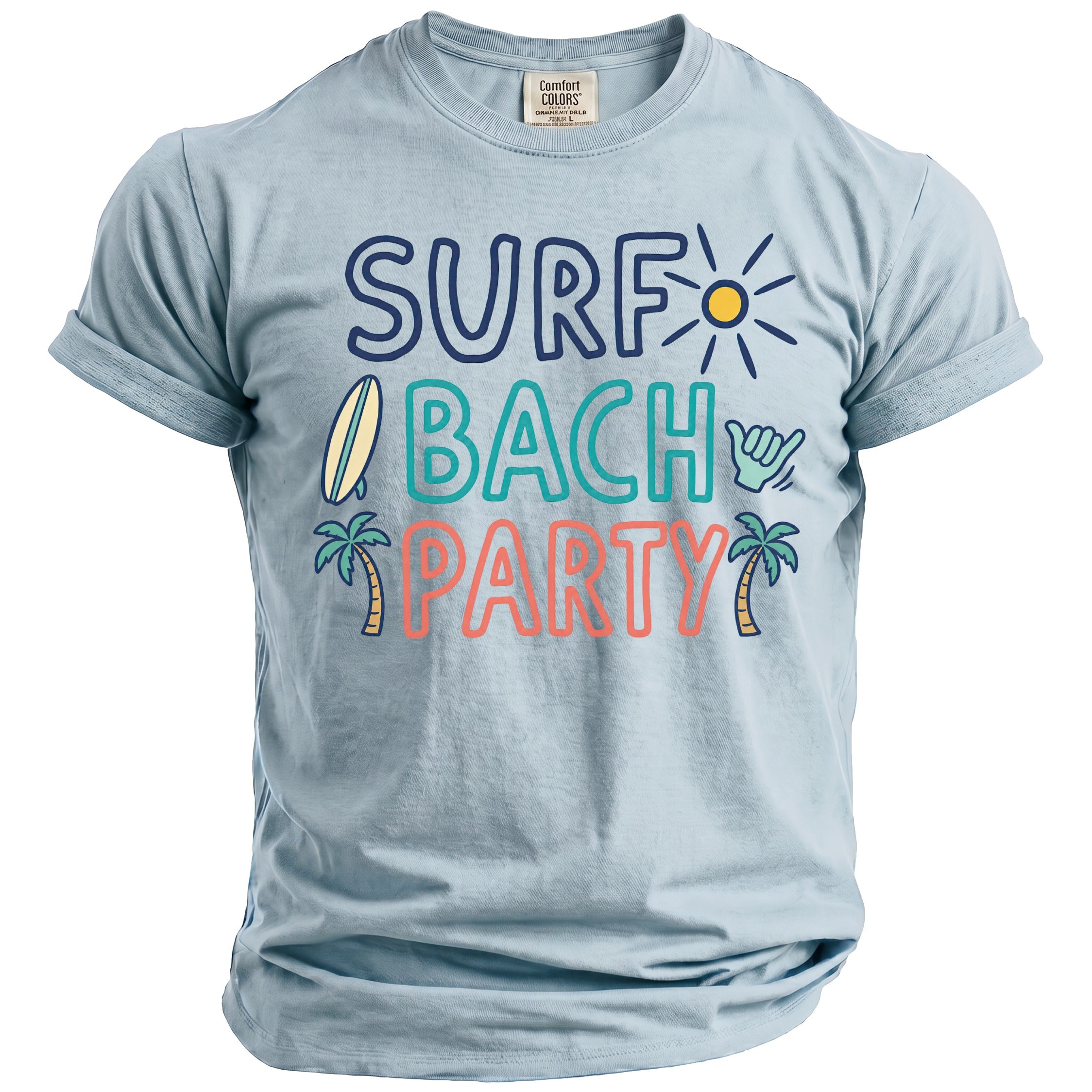 Light blue t-shirt with "SURF BACH PARTY" text and beach graphics.