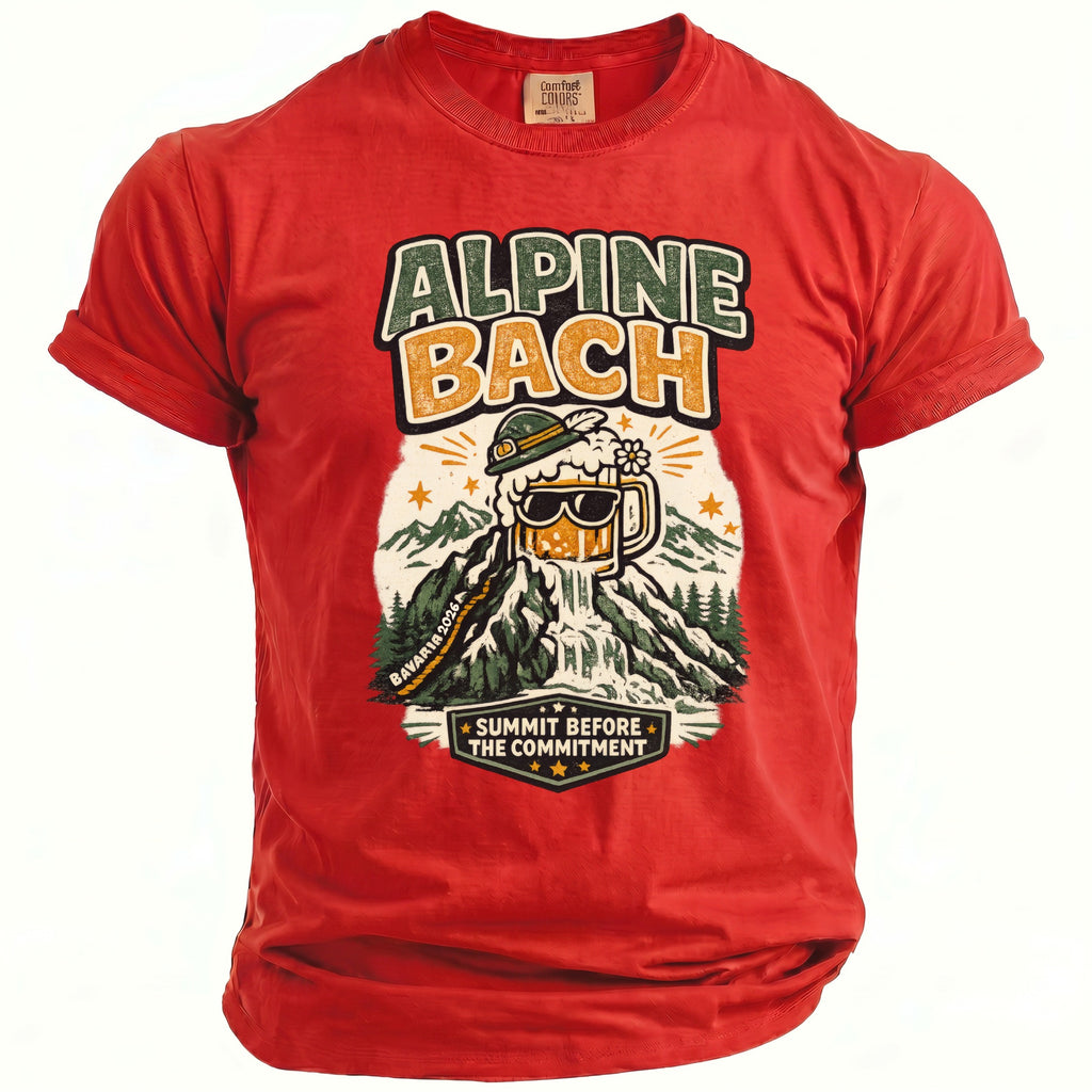 Red t-shirt with "Alpine Bach" and mountain beer graphics.
