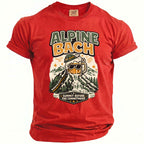 Red t-shirt with "Alpine Bach" and mountain beer graphics.