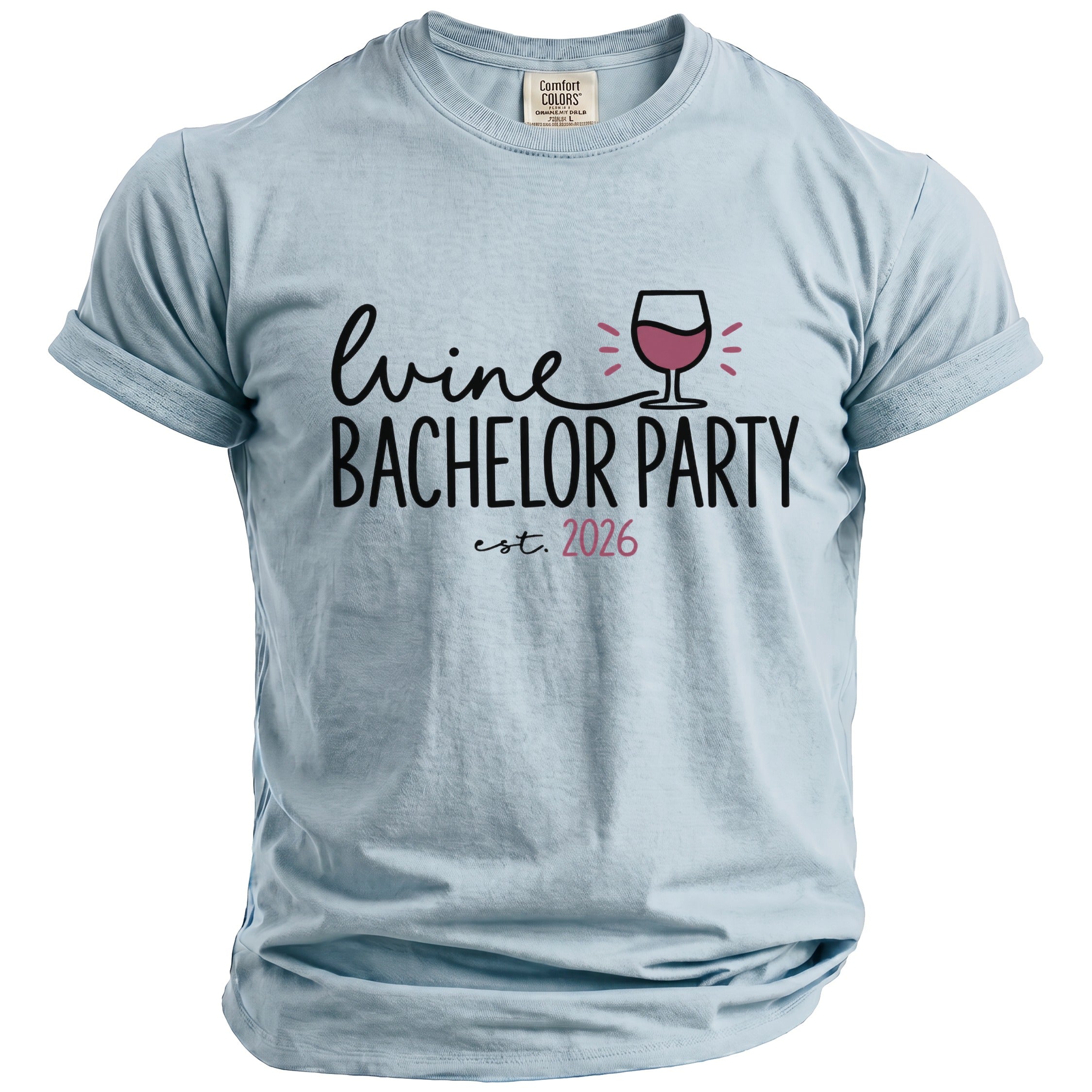 Light blue t-shirt with "lvine BACHELOR PARTY est. 2026" graphic.