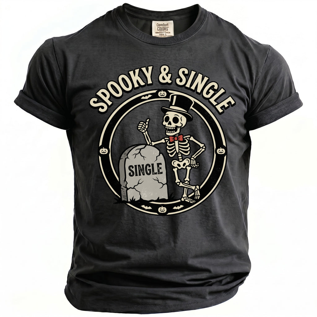 Dark gray t-shirt with "Spooky & Single" graphic featuring a skeleton by a tombstone.