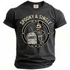 Dark gray t-shirt with "Spooky & Single" graphic featuring a skeleton by a tombstone.