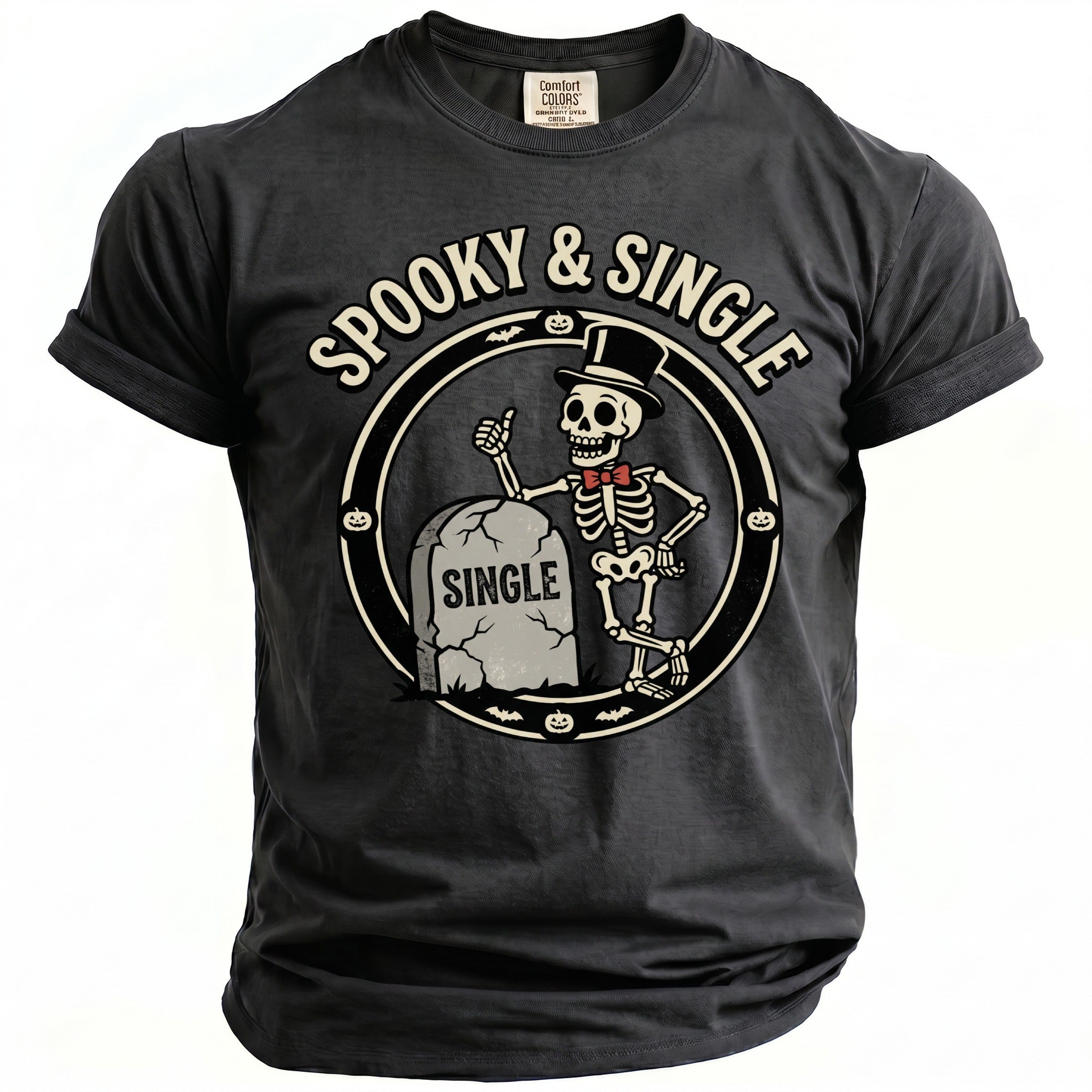 Dark gray t-shirt with "Spooky & Single" graphic featuring a skeleton by a tombstone.