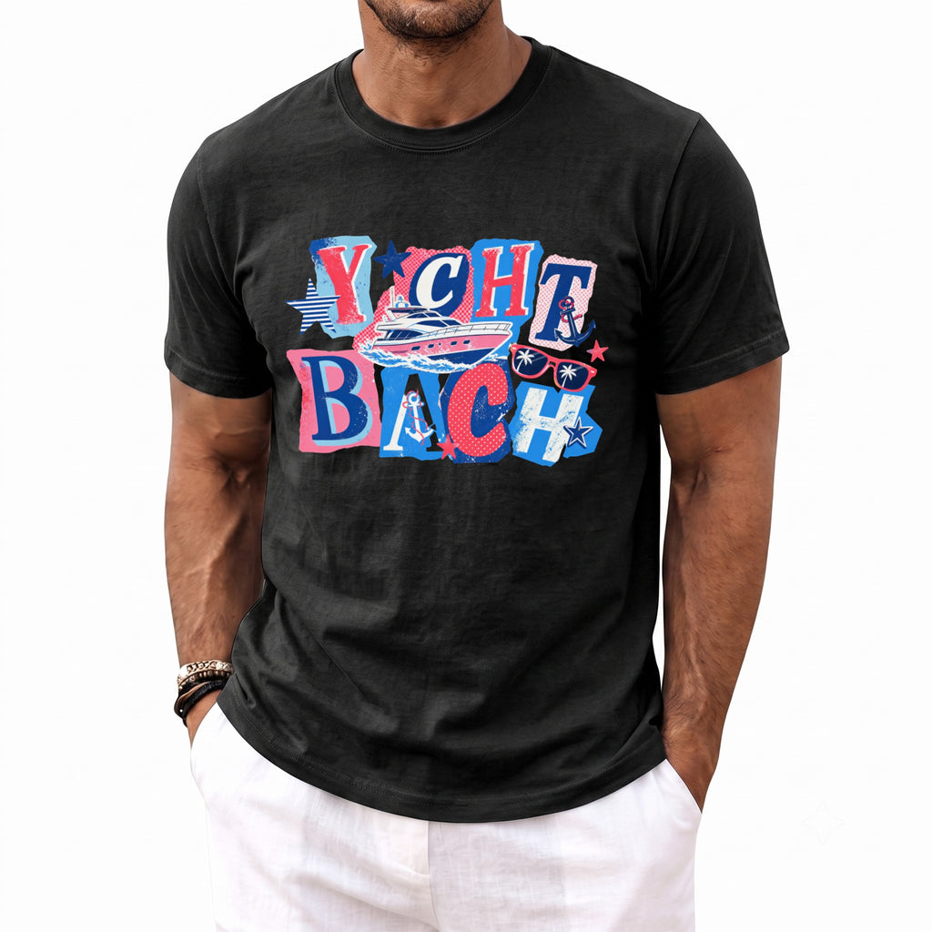A man wearing a black crewneck t-shirt printed with the colorful text Yacht Bach and a boat graphic.