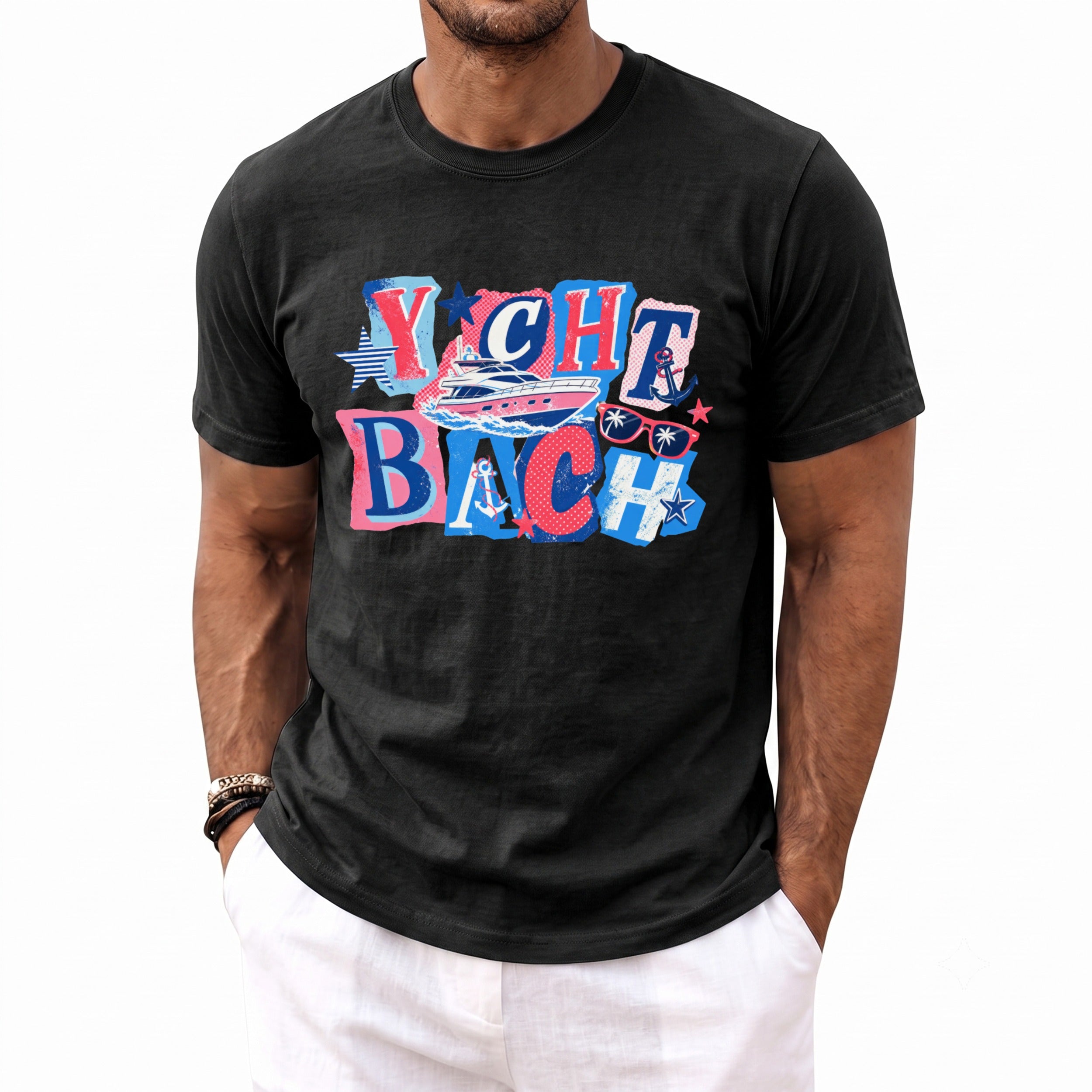 A man wearing a black crewneck t-shirt printed with the colorful text Yacht Bach and a boat graphic.