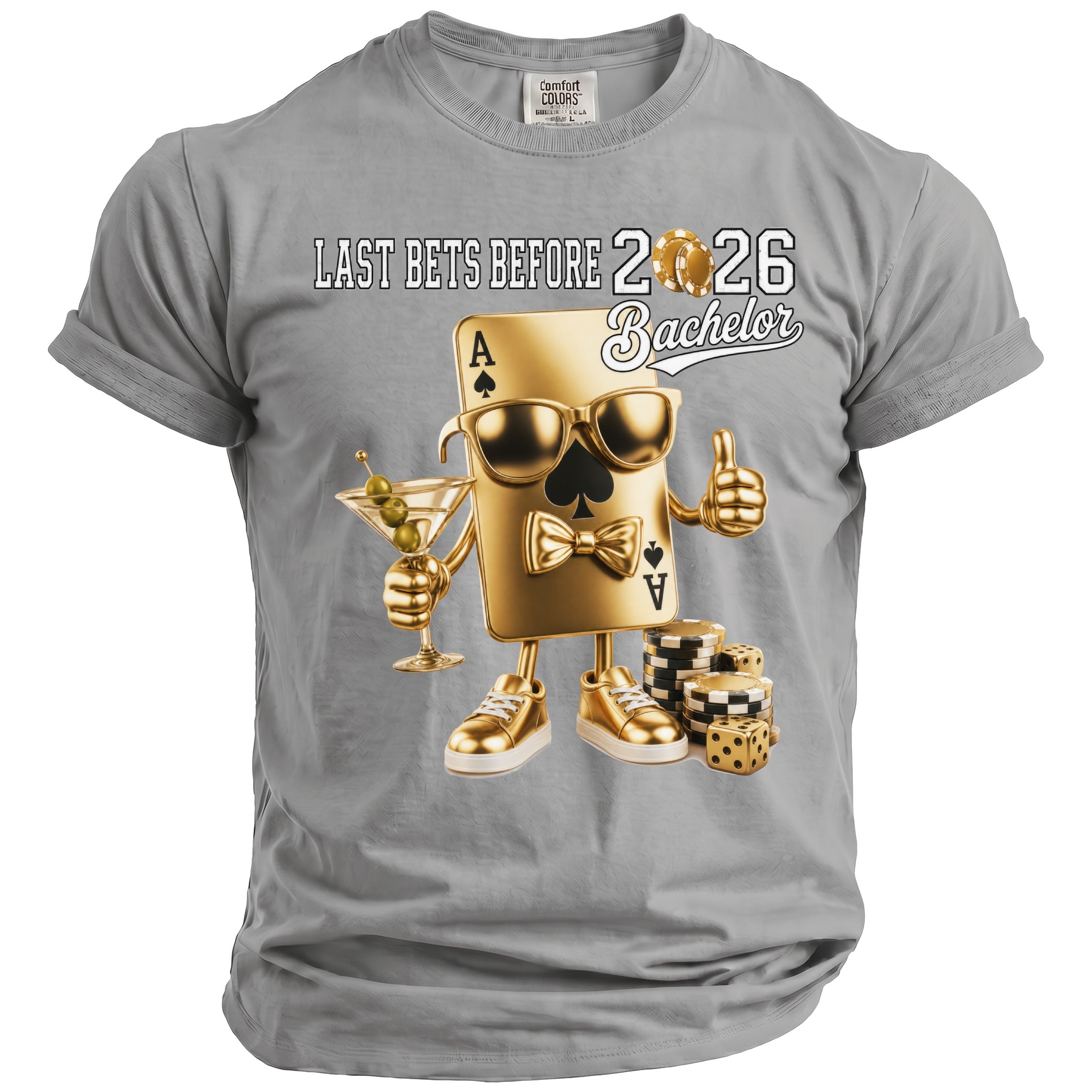 Golden ace of spades with sunglasses, martini, dice, and chips, "Last Bets Before 2026 Bachelor".