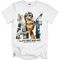 White t-shirt with "ART" spelled out by famous artworks, text "A LITTLE BEAUTY NEVER HURT".