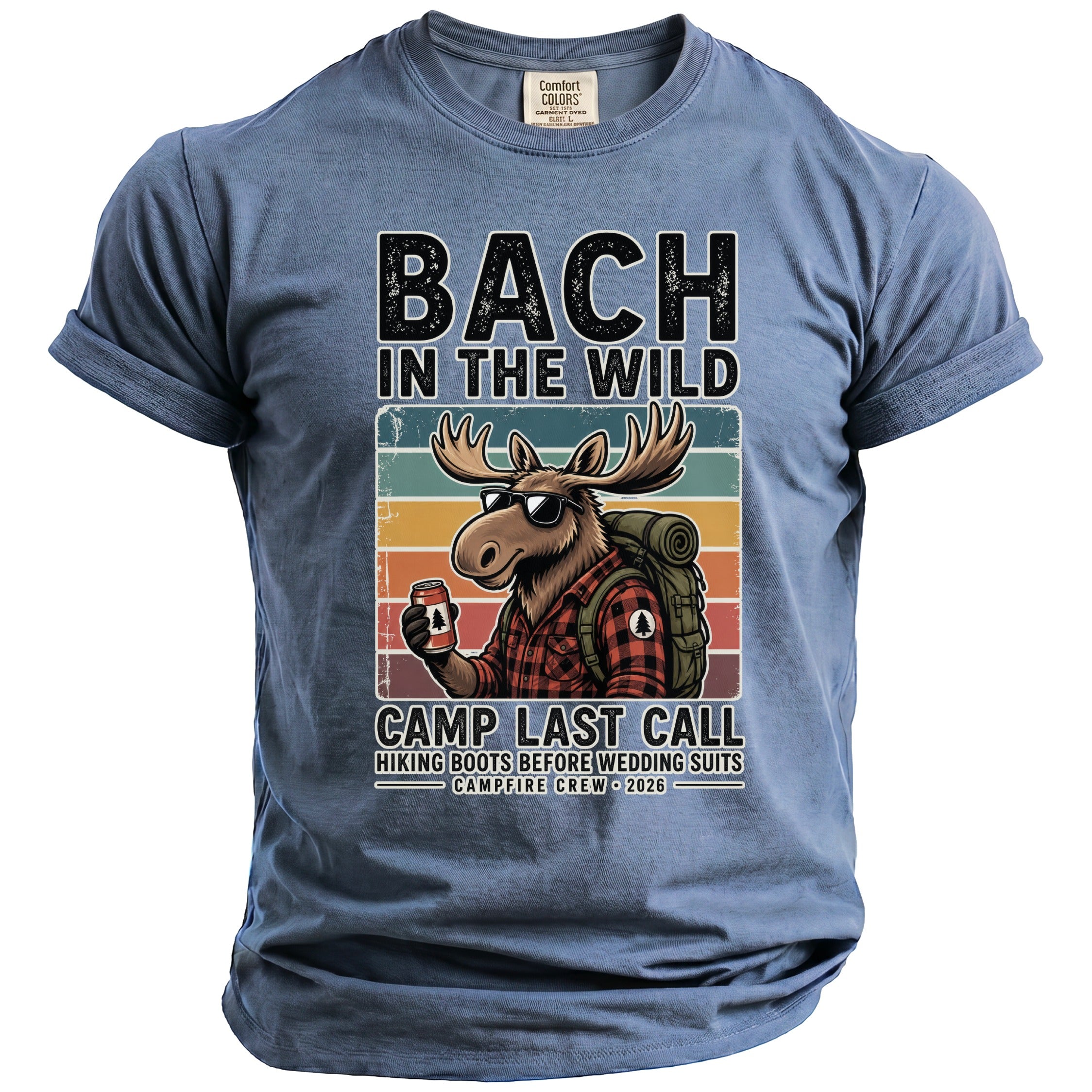 Blue t-shirt with "Bach in the Wild" text and a moose holding a drink.