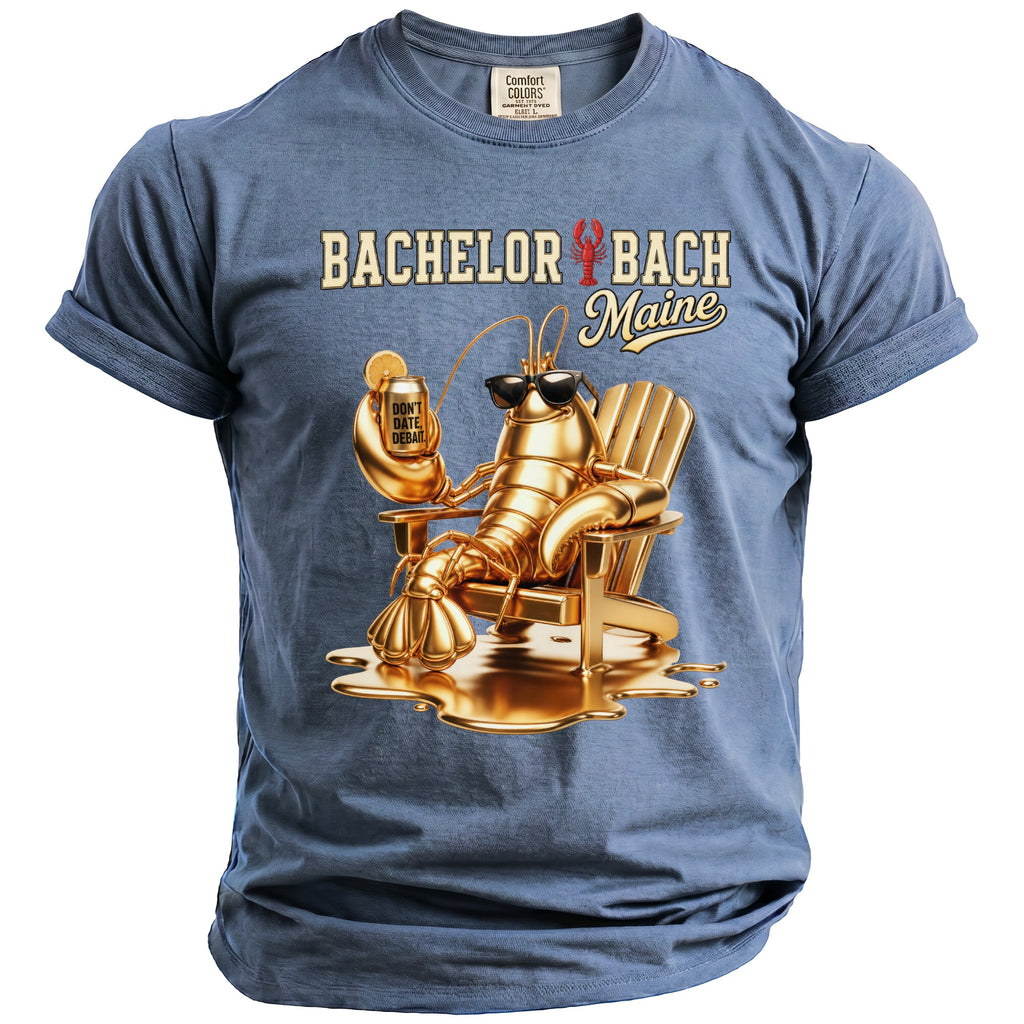 T-shirt with a golden lobster in sunglasses holding a drink, with "Bachelor Bach Maine" text.