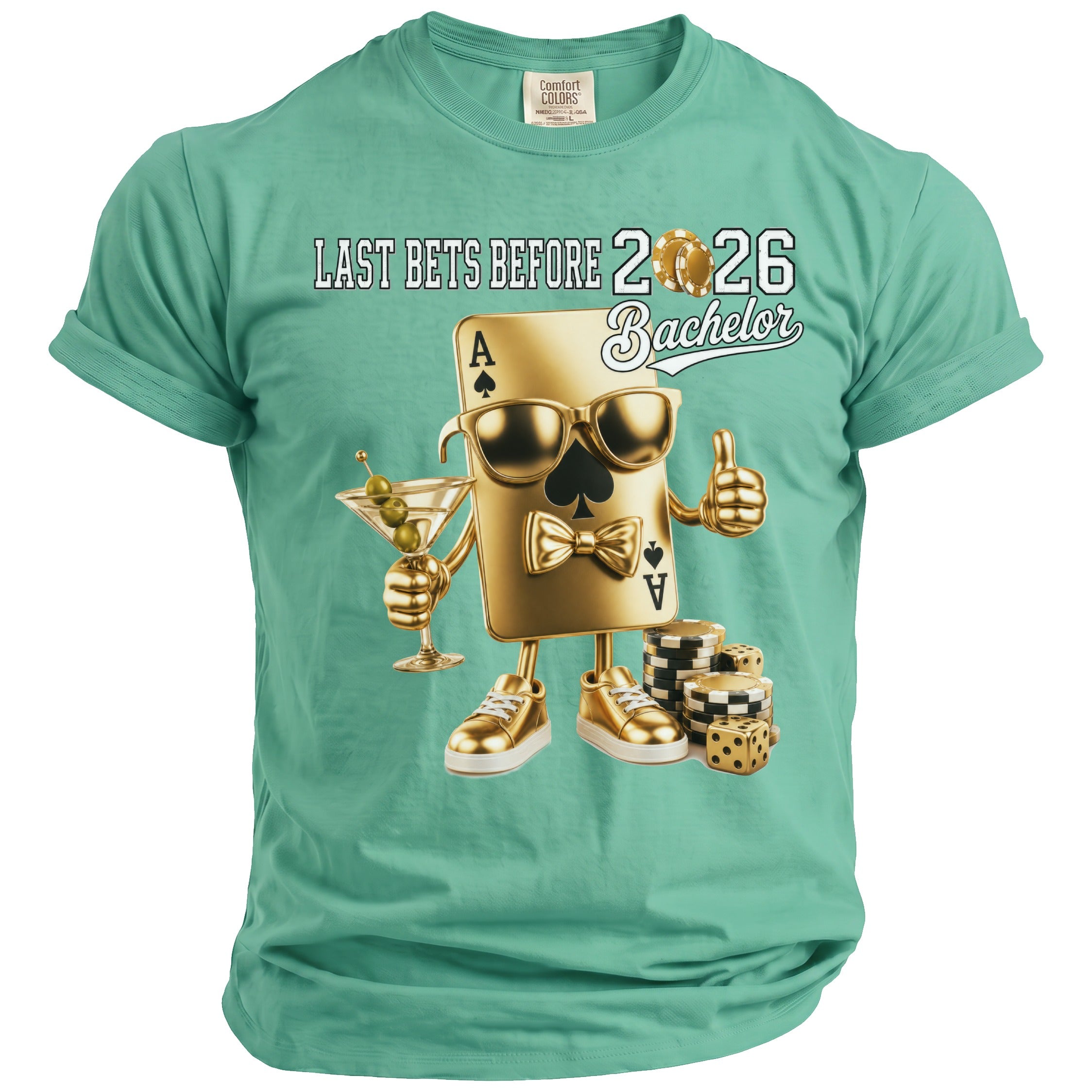 Gold ace of spades character with martini, sunglasses, and poker chips, saying "Last Bets Before 2026 Bachelor."