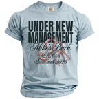 Light blue t-shirt with "UNDER NEW MANAGEMENT", "Mike's Bach", "LA, CA", and "Summer 2026" graphics.