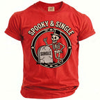 Red t-shirt with a skeleton giving a thumbs up next to a tombstone that says "Single".