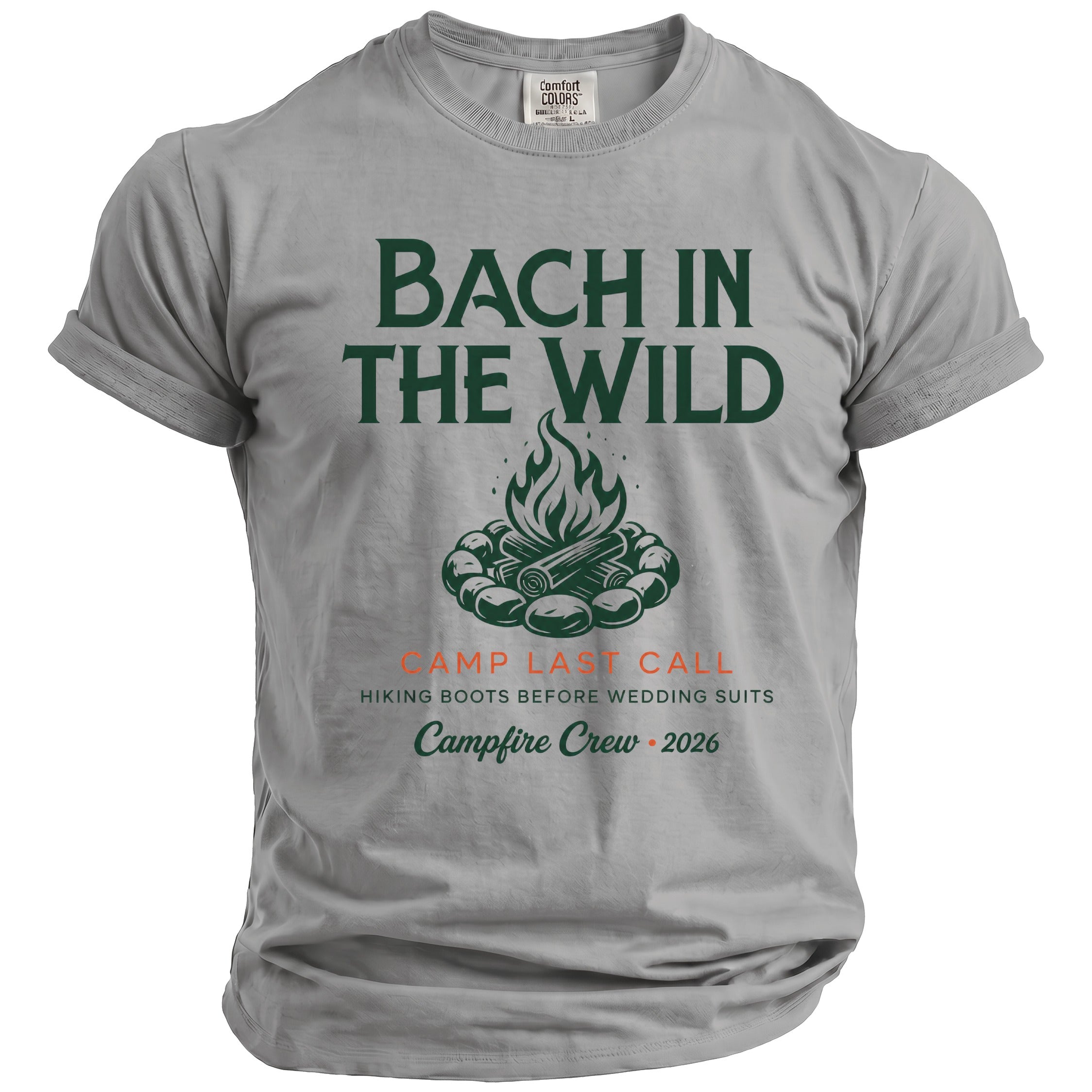 Grey t-shirt with "Bach in the Wild" and campfire graphic.