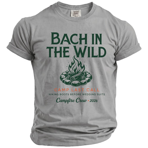 Grey t-shirt with "Bach in the Wild" and campfire graphic.