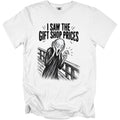 White t-shirt with graphic of screaming figure holding a "$$$" price tag.