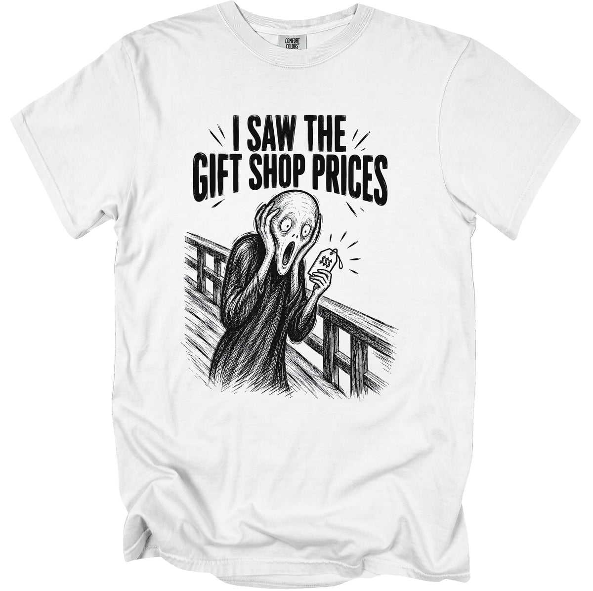 White t-shirt with graphic of screaming figure holding a "$$$" price tag.