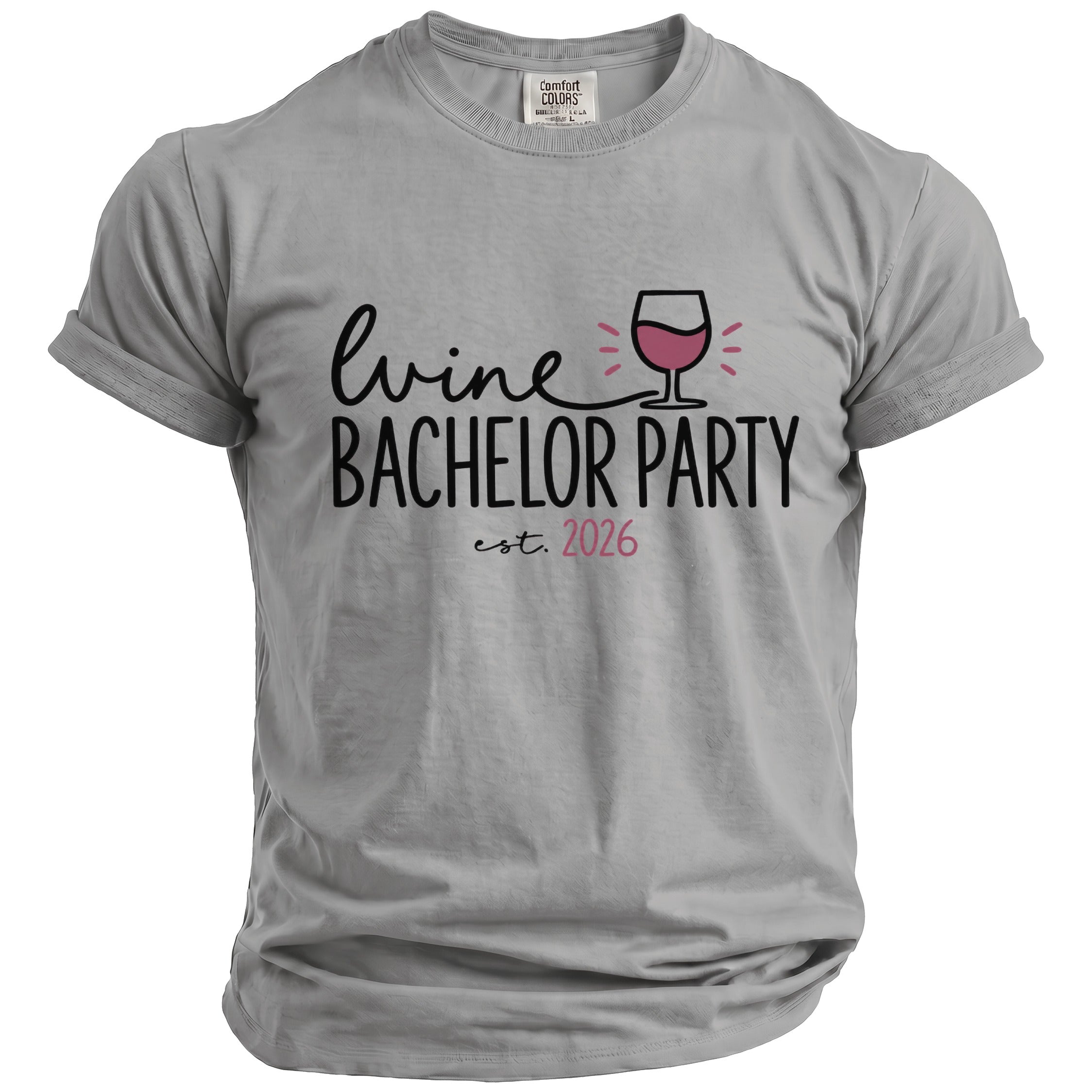Grey t-shirt with "wine BACHELOR PARTY est. 2026" text and wine glass graphic.