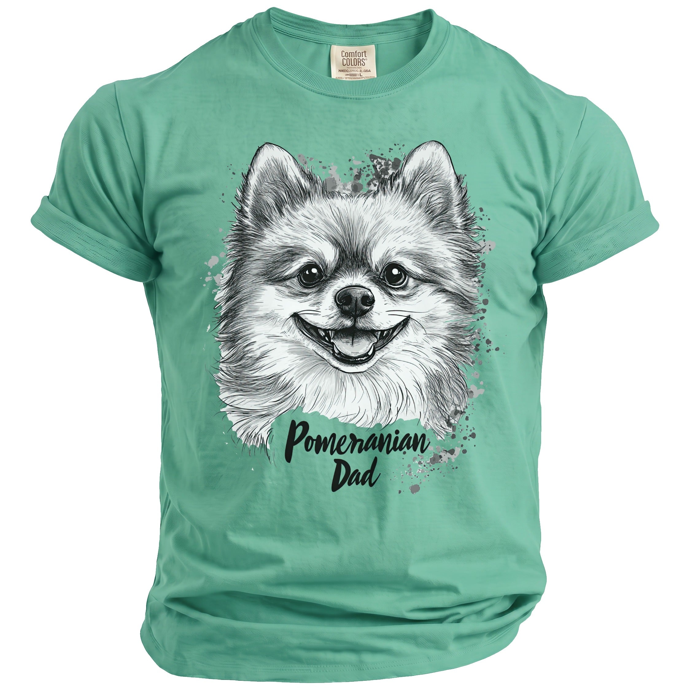 Green t-shirt with a sketch of a smiling Pomeranian dog and "Pomeranian Dad" text.
