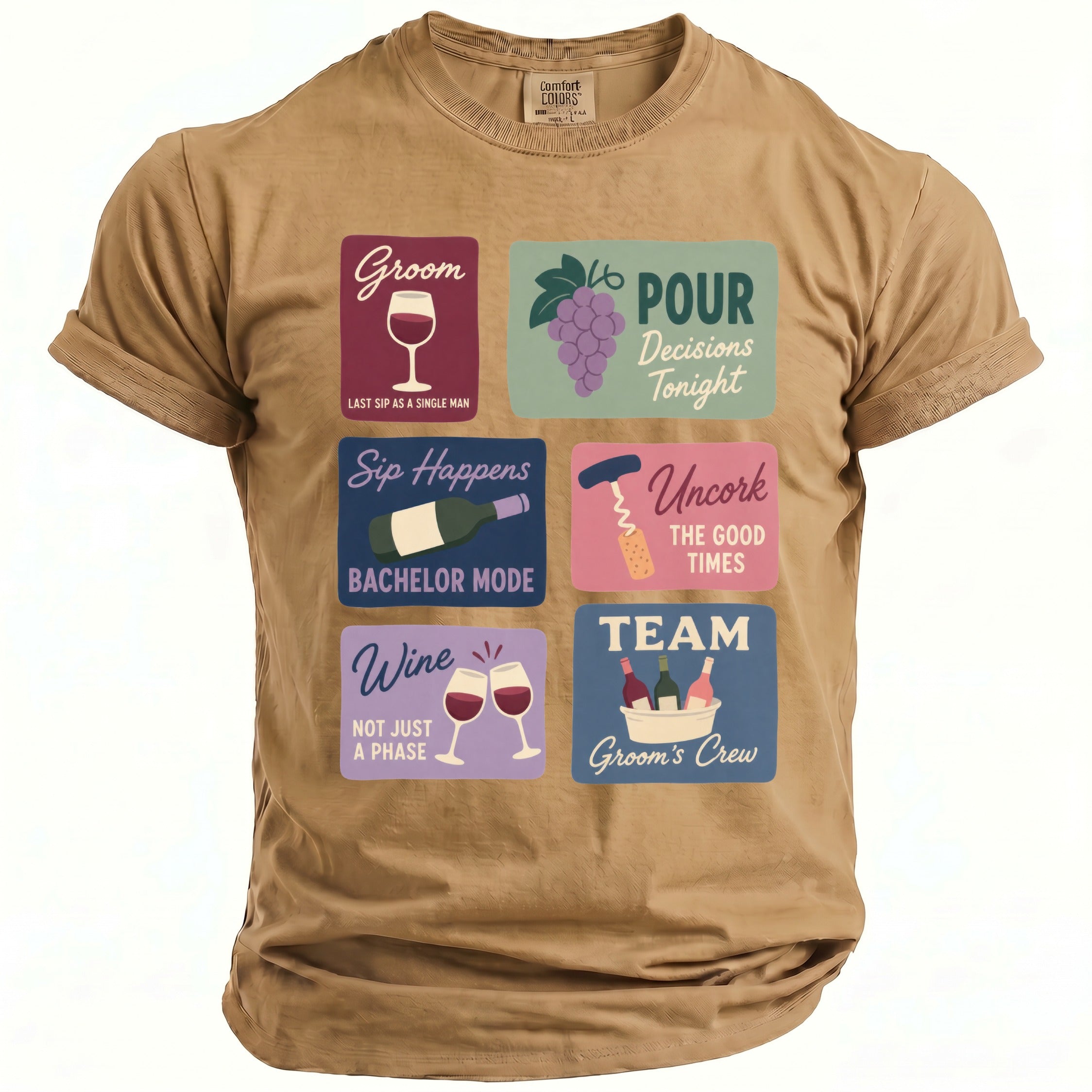 Tan t-shirt with six colorful panels featuring wine-themed graphics and text.