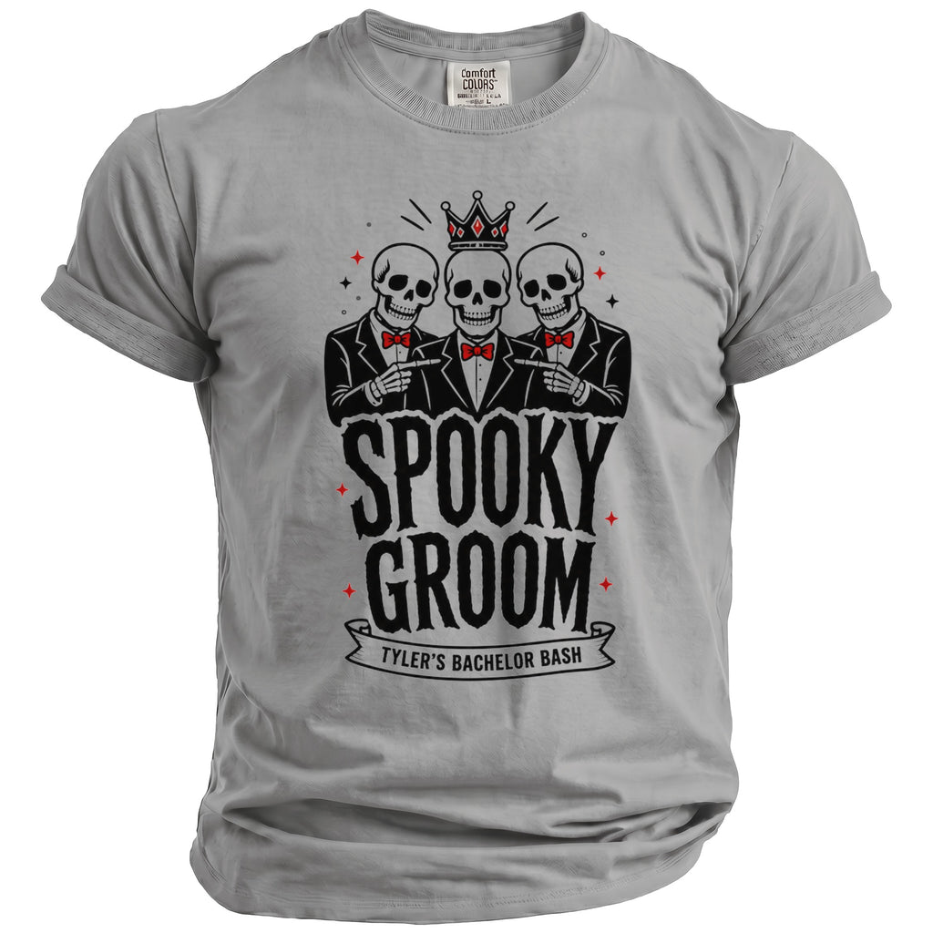 Grey t-shirt with "Spooky Groom Tyler's Bachelor Bash" text and skeleton graphic.