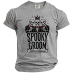 Grey t-shirt with "Spooky Groom Tyler's Bachelor Bash" text and skeleton graphic.