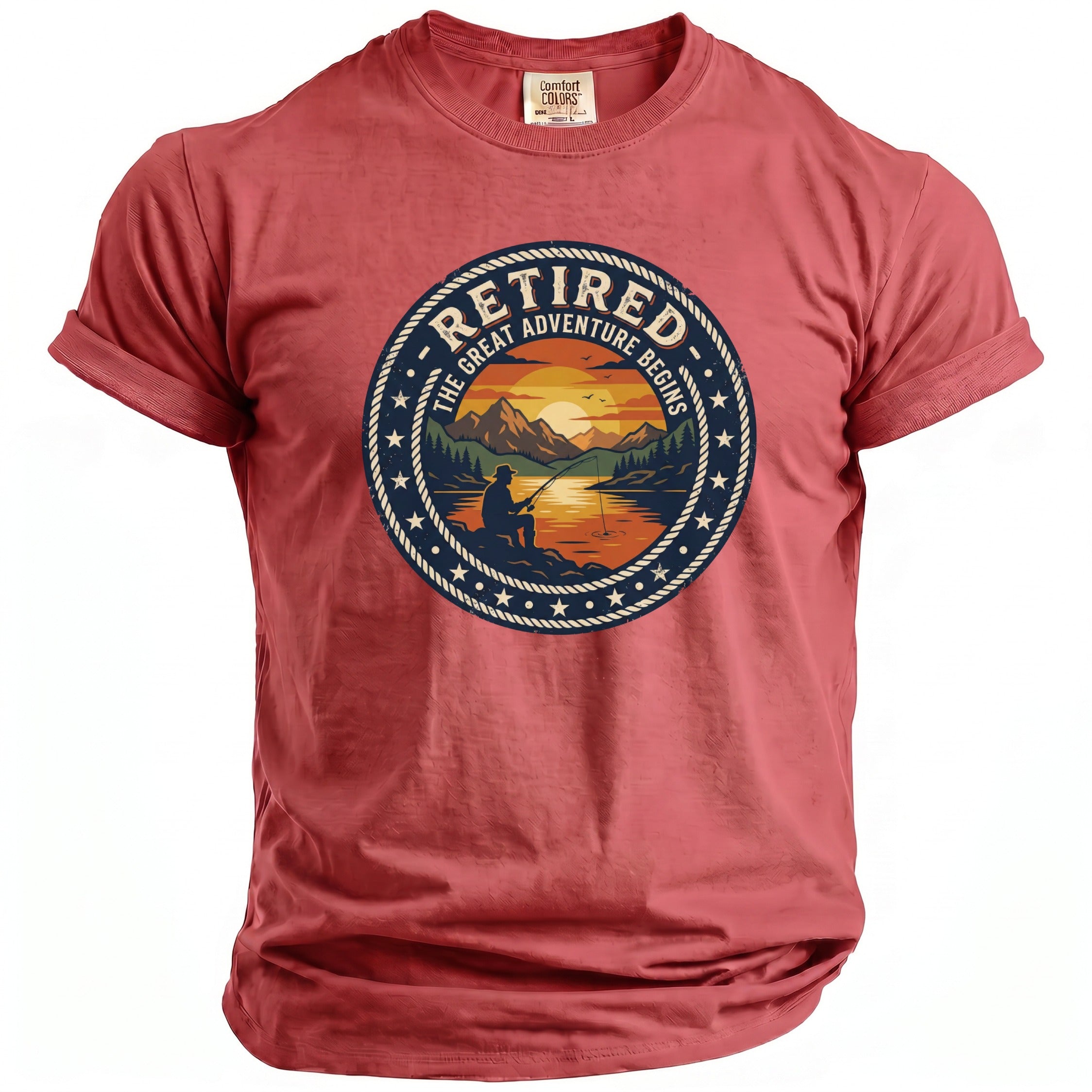 Red t-shirt with circular graphic featuring "Retired The Great Adventure Begins" text and a fisherman.