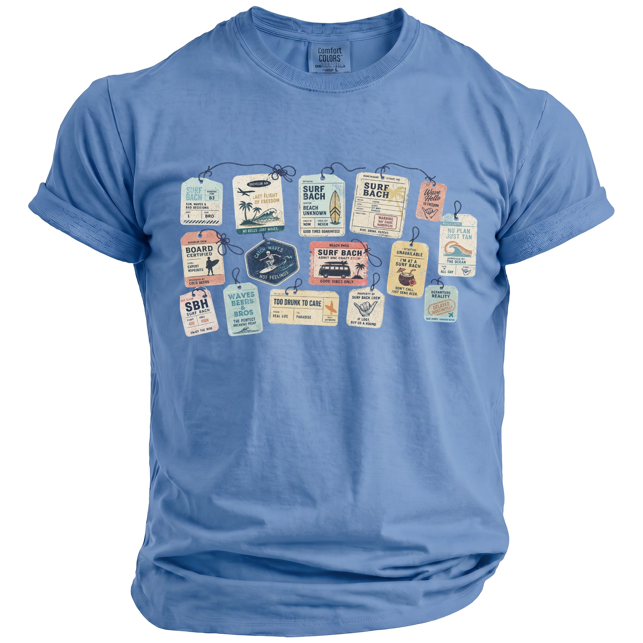Blue t-shirt with graphic of surf-themed luggage tags including "Surf Bach" and beach destinations.