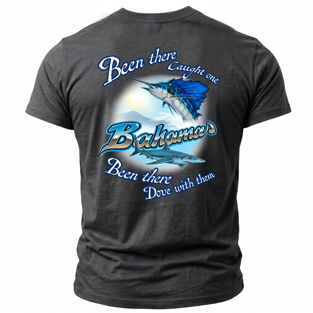Grey t-shirt with a sailfish and shark diving design stating "Bahamas Been there Dove with them".