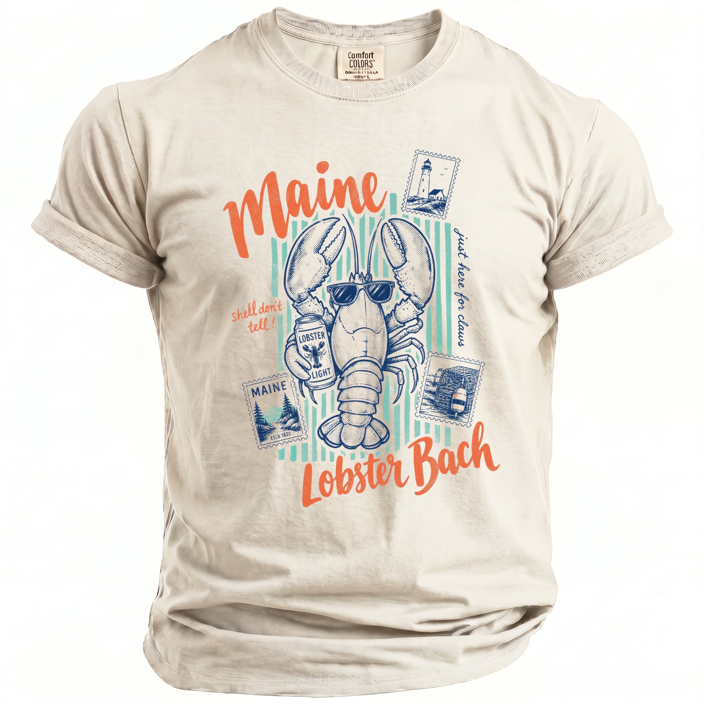 Maine graphic t-shirt with a lobster wearing sunglasses and holding a beer.