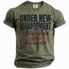 Olive t-shirt with "Under New Management, Mike's Bach, LA, CA, Summer 2026" text.