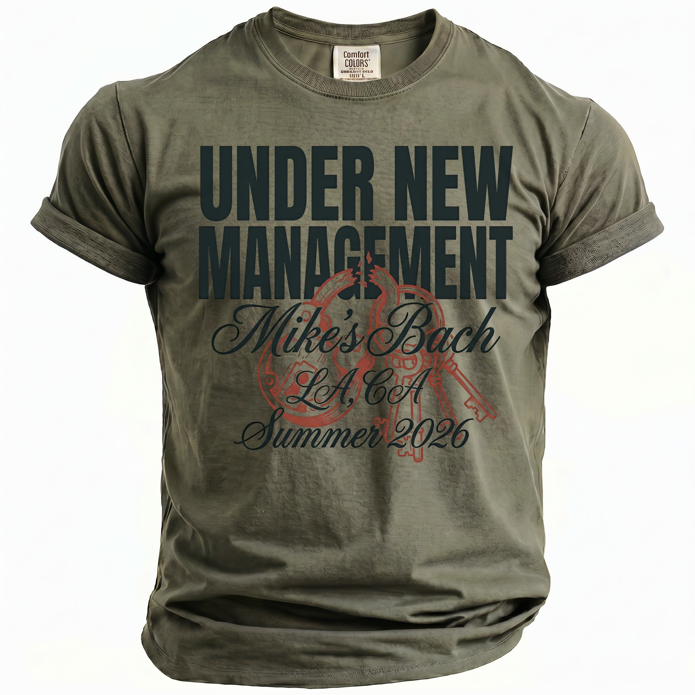 Olive t-shirt with "Under New Management, Mike's Bach, LA, CA, Summer 2026" text.