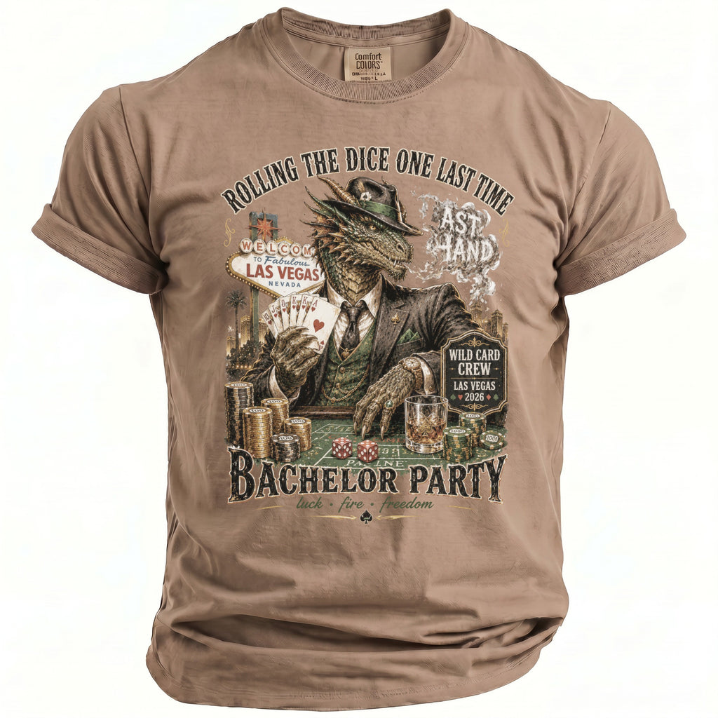 T-shirt with a dragon playing poker in Las Vegas, reading "Bachelor Party".