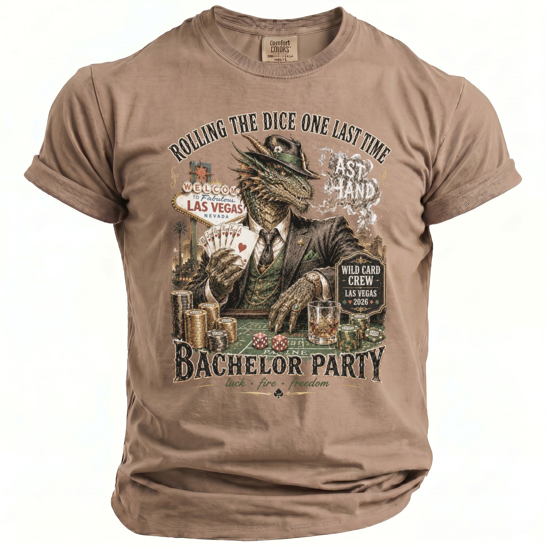 T-shirt with a dragon playing poker in Las Vegas, reading "Bachelor Party".