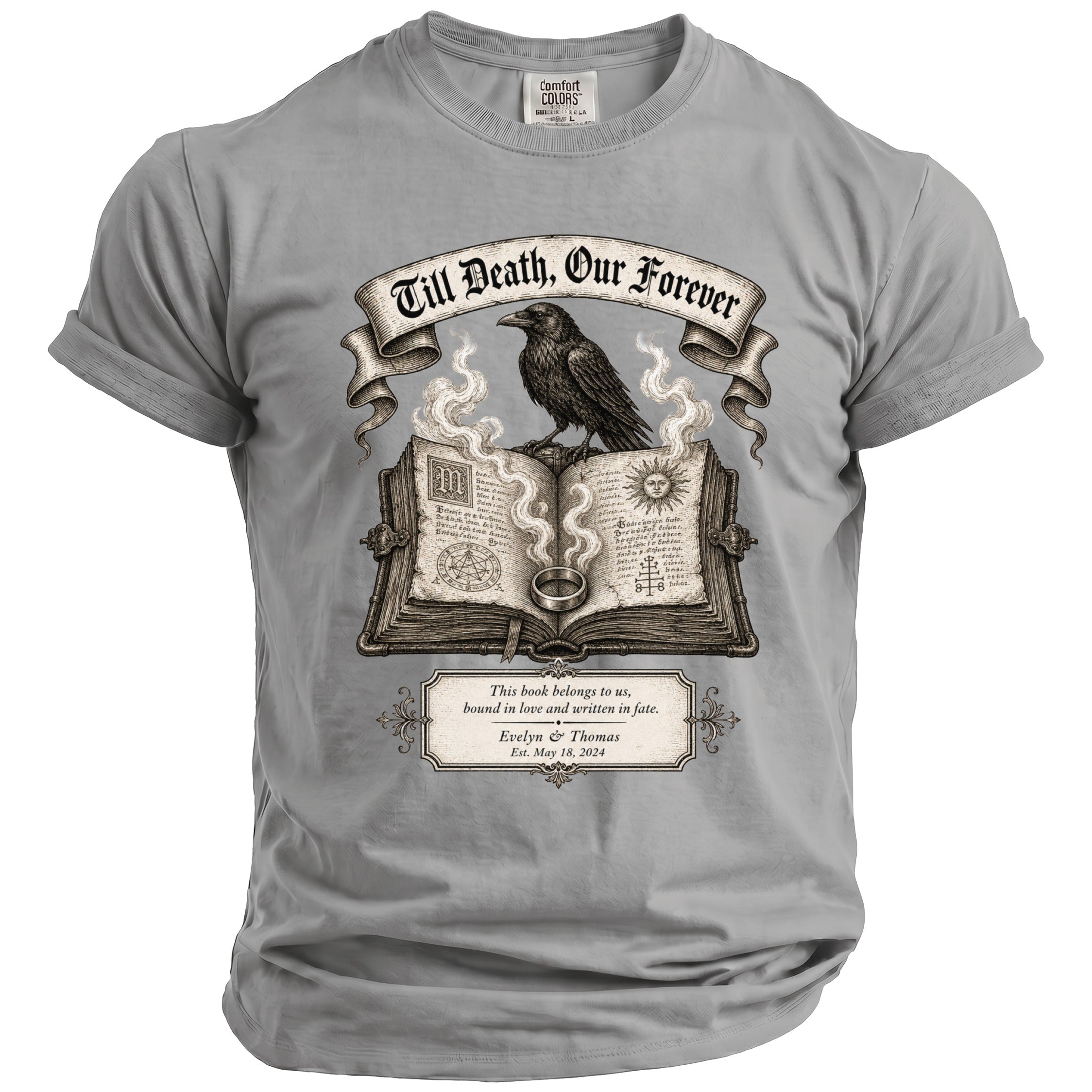 T-shirt with raven on an open book, text "Till Death, Our Forever".