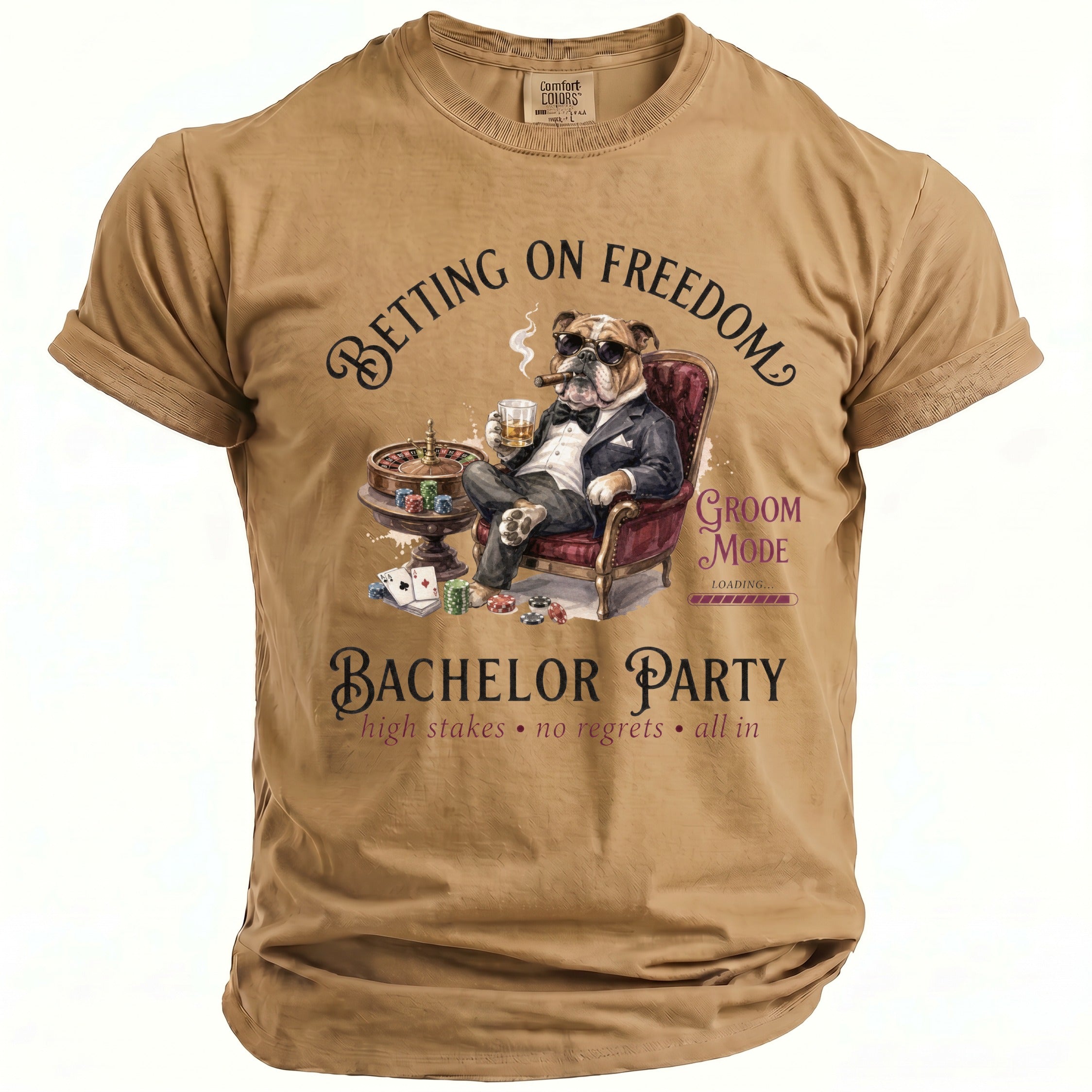 Bulldog in suit smoking cigar, drinking, and gambling on t-shirt for "Bachelor Party".