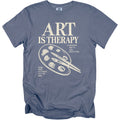 Blue t-shirt with "ART IS THERAPY" and an artist's palette graphic.
