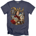 Salvador Dalí portrait with melting clocks, elephants, and a rose on a navy t-shirt.