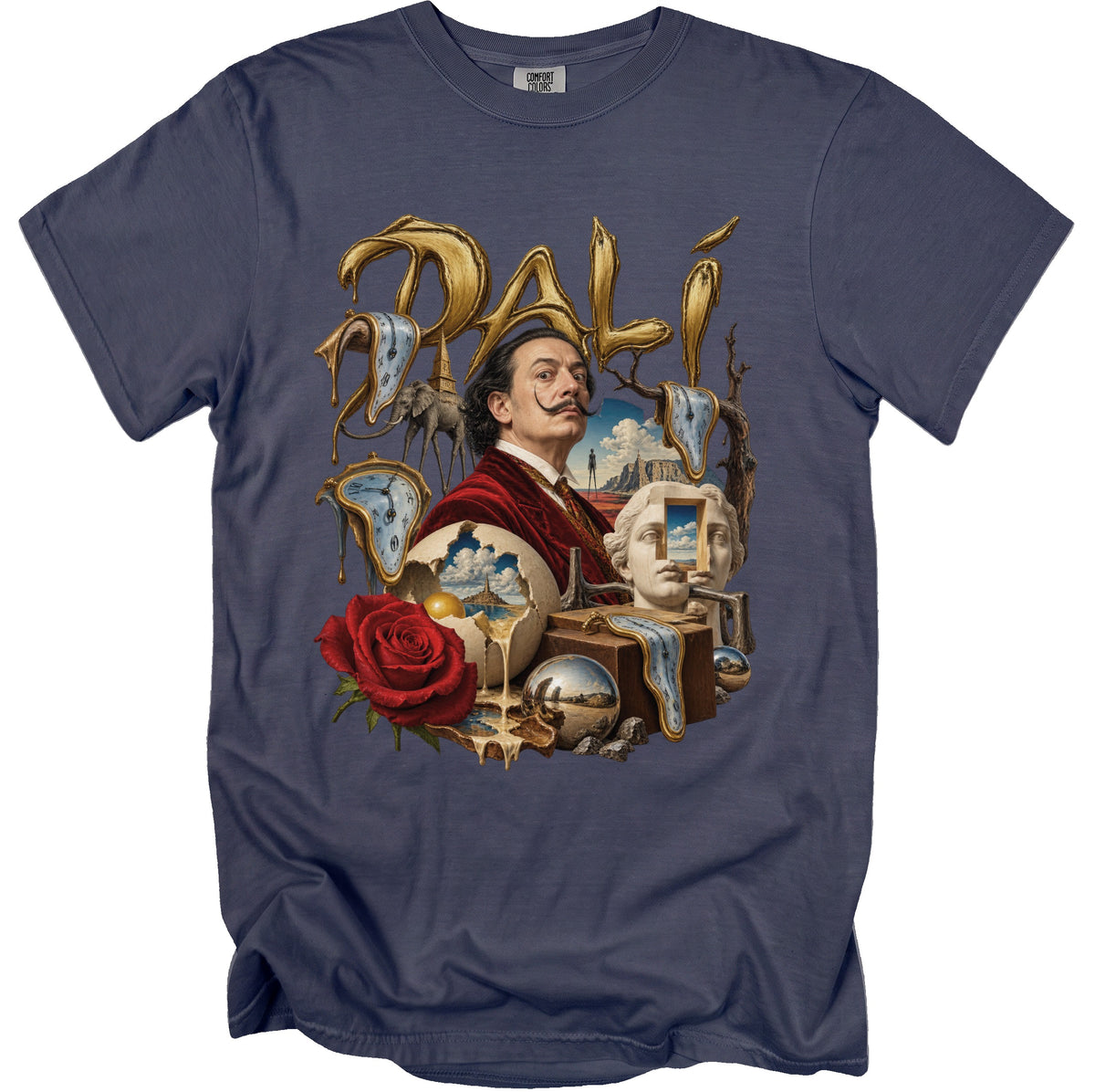 Salvador Dalí portrait with melting clocks, elephants, and a rose on a navy t-shirt.