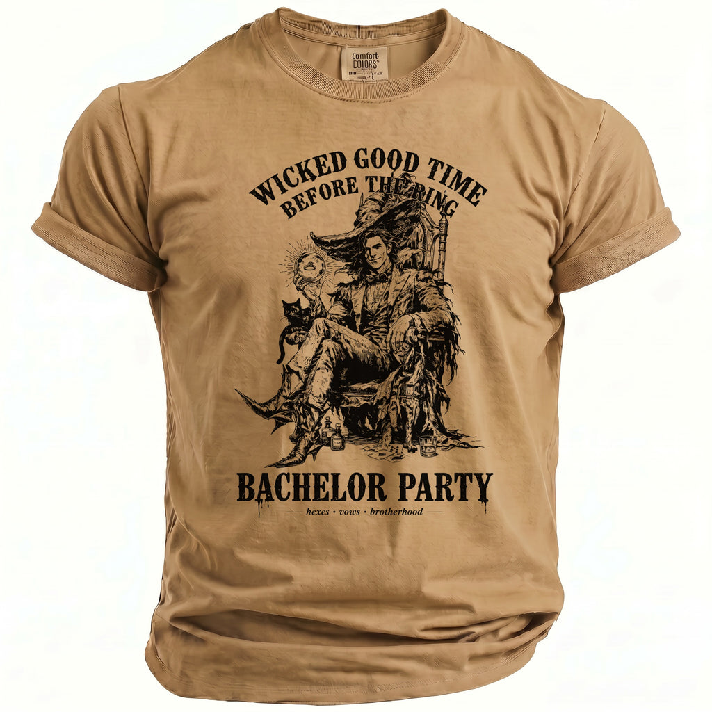 Tan t-shirt with "Wicked Good Time Before The Ring Bachelor Party" text and graphic.