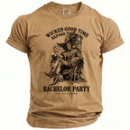 Tan t-shirt with "Wicked Good Time Before The Ring Bachelor Party" text and graphic.