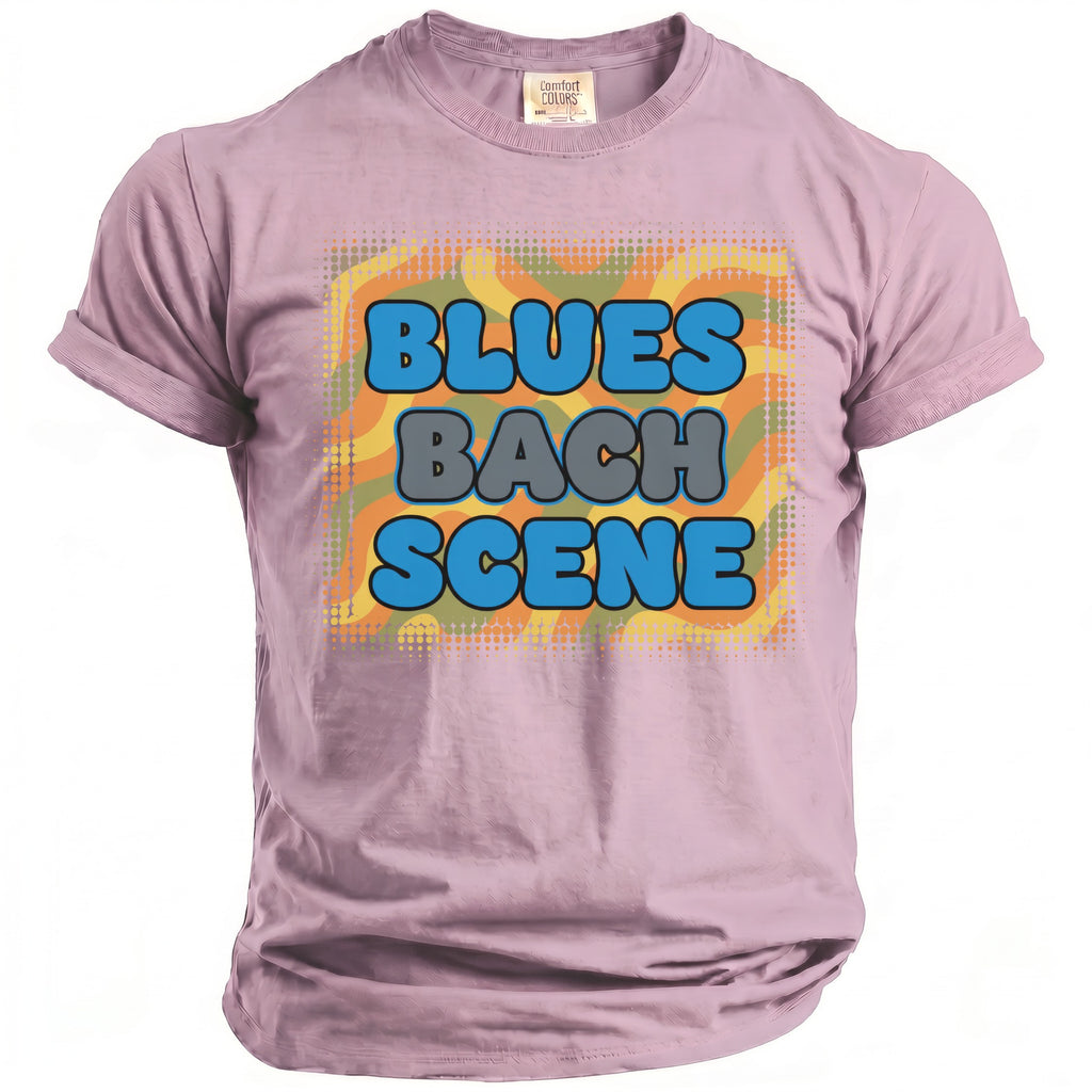 Lavender t-shirt with "BLUES BACH SCENE" graphic in bubble letters.