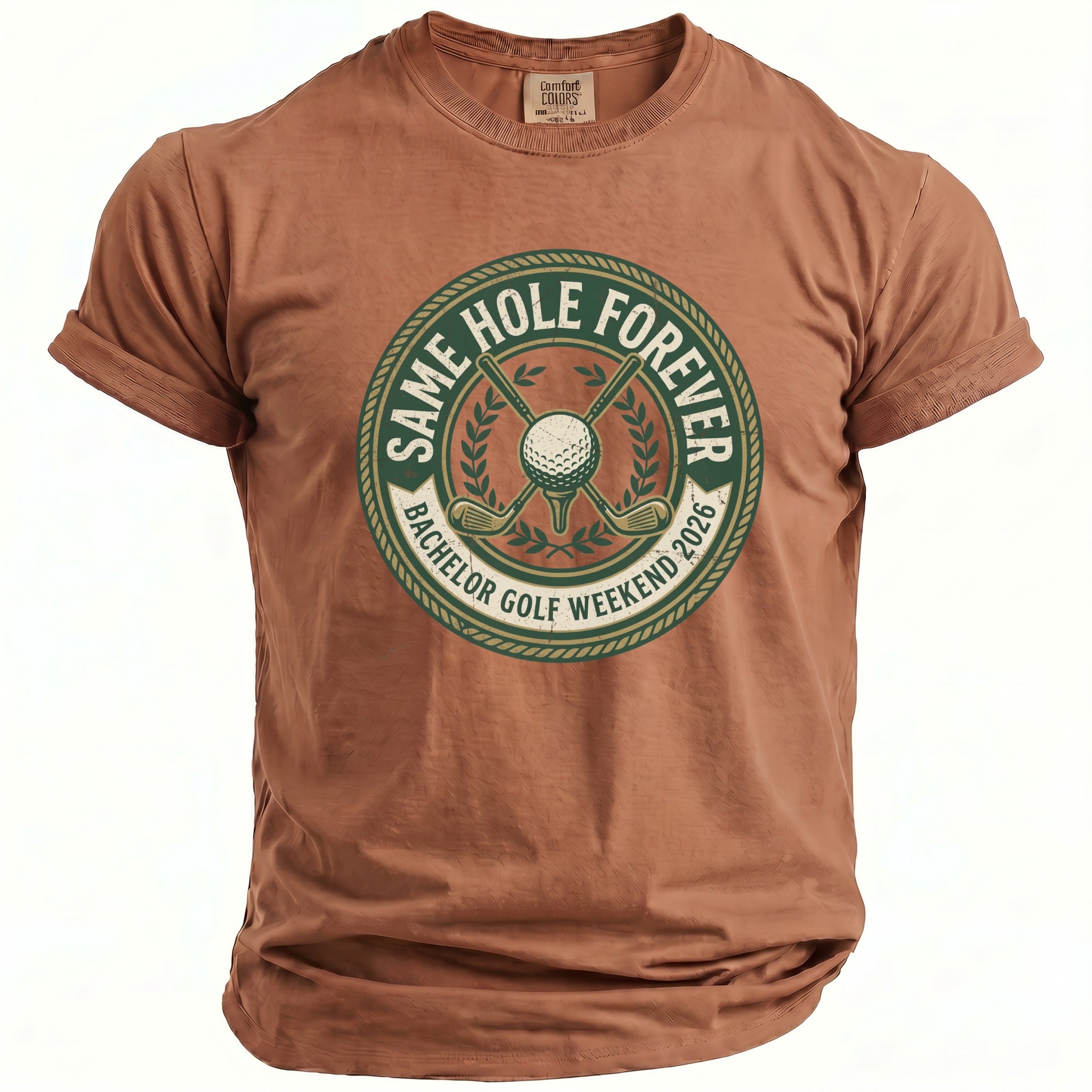 Brown t-shirt with "Same Hole Forever Bachelor Golf Weekend 2026" graphic.