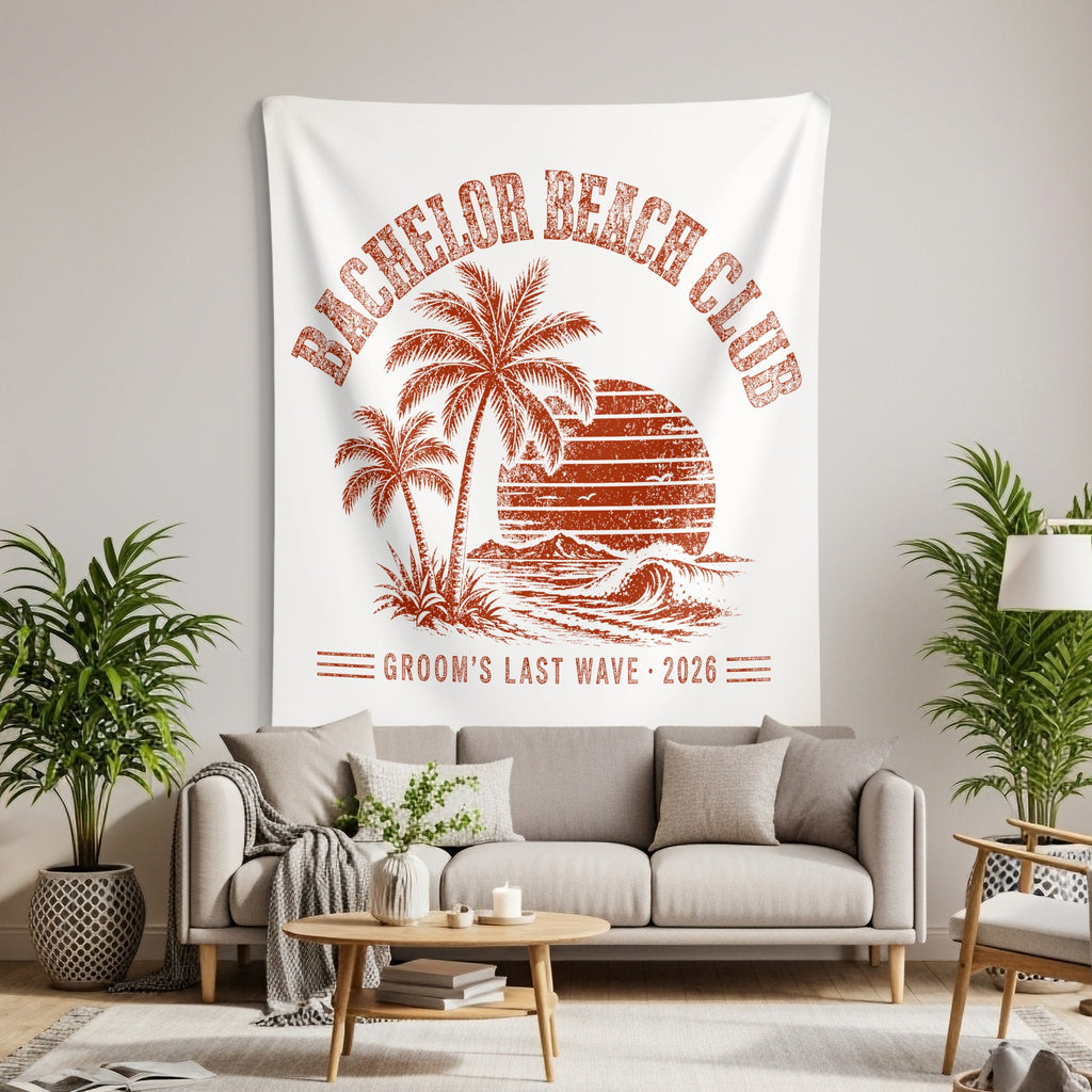 White tapestry with orange text "BACHELOR BEACH CLUB GROOM'S LAST WAVE 2026".