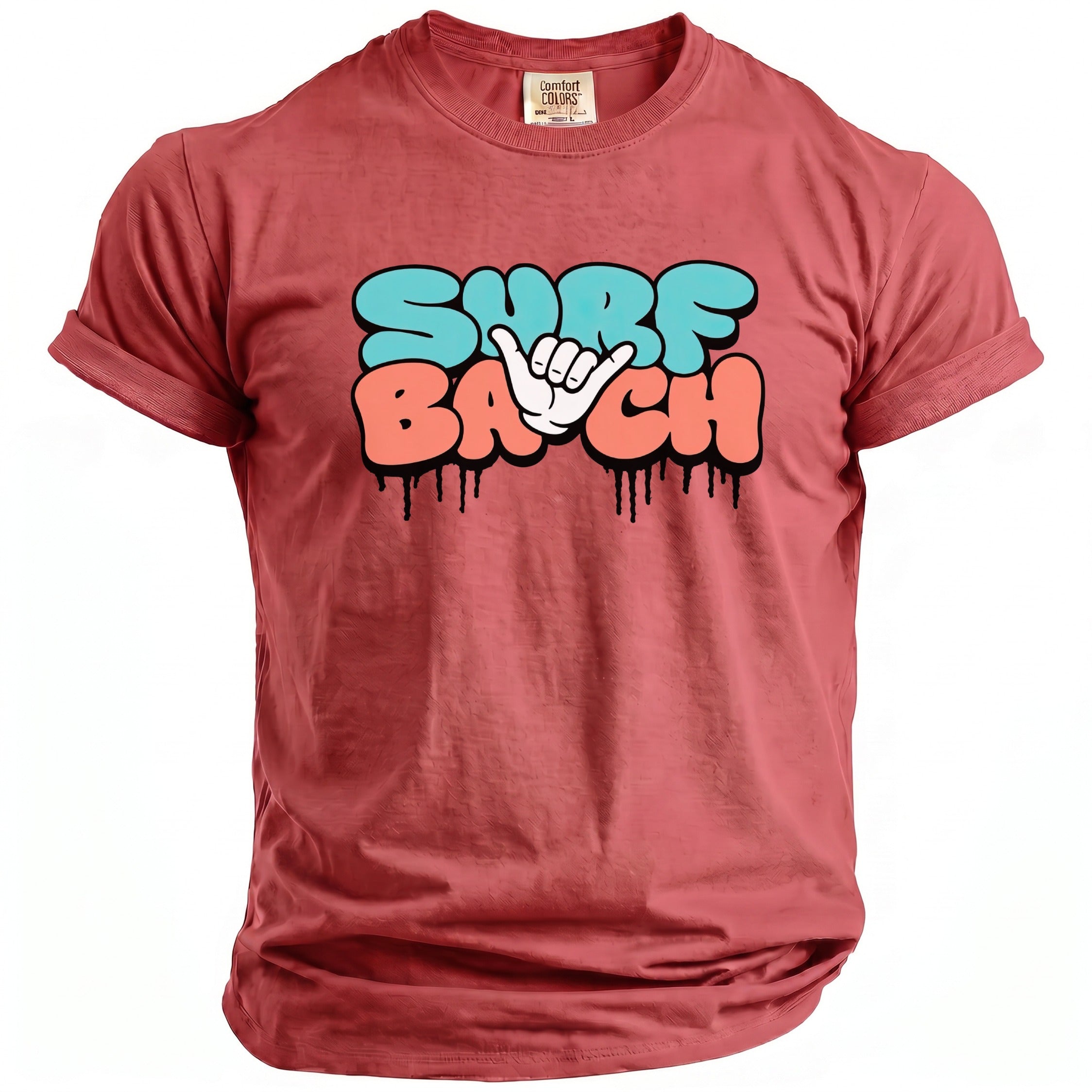 Red t-shirt with "SURF" in blue and "BA" in orange, and a white shaka hand.