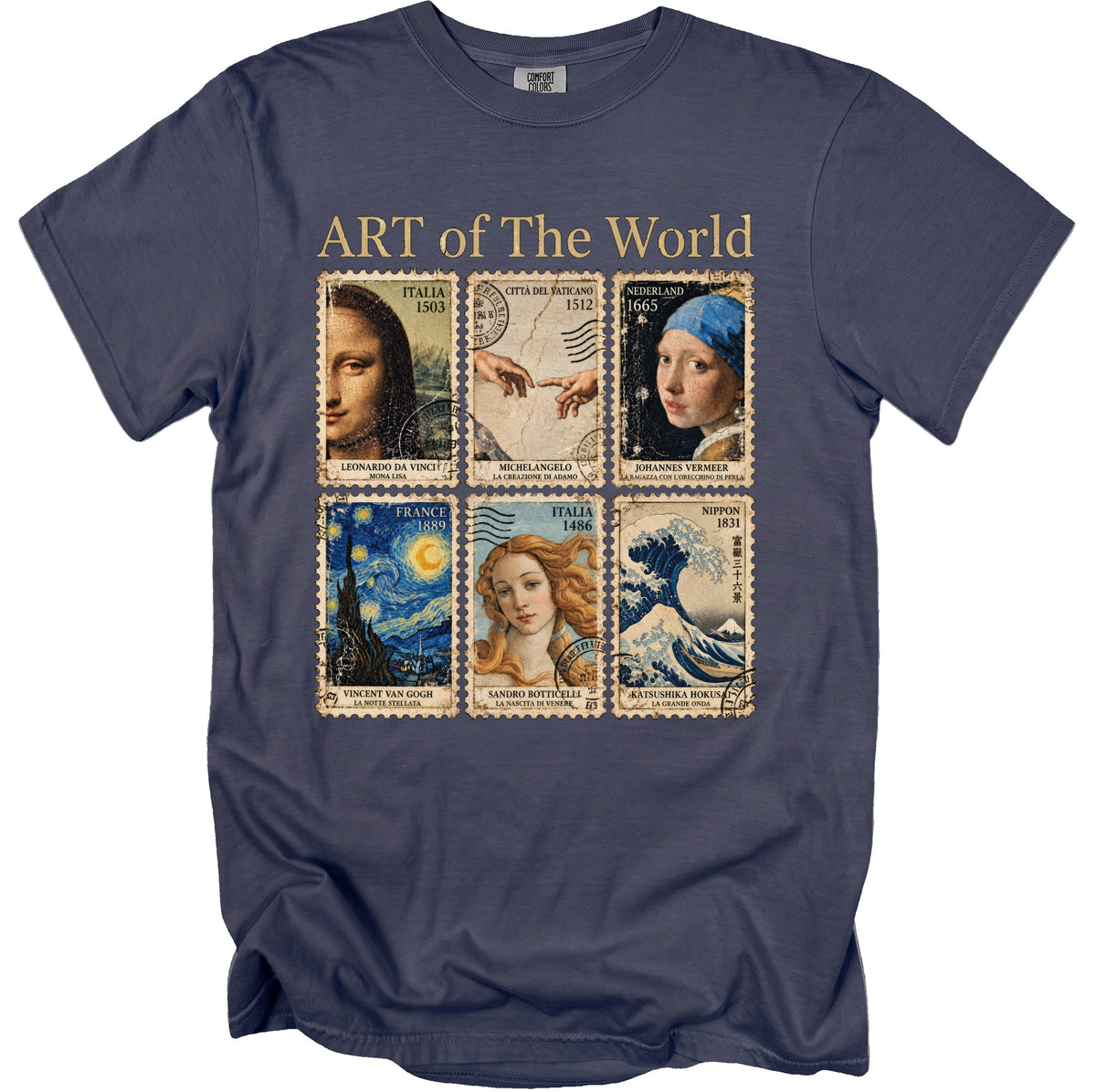 "Art of The World" t-shirt with six famous paintings as postage stamps.