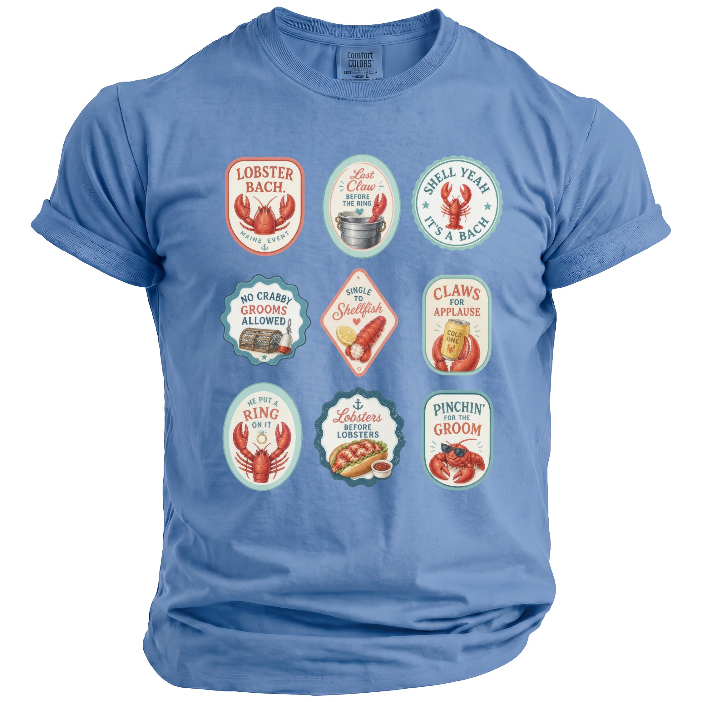 Blue t-shirt with nine oval designs featuring lobsters and nautical or wedding-themed text.
