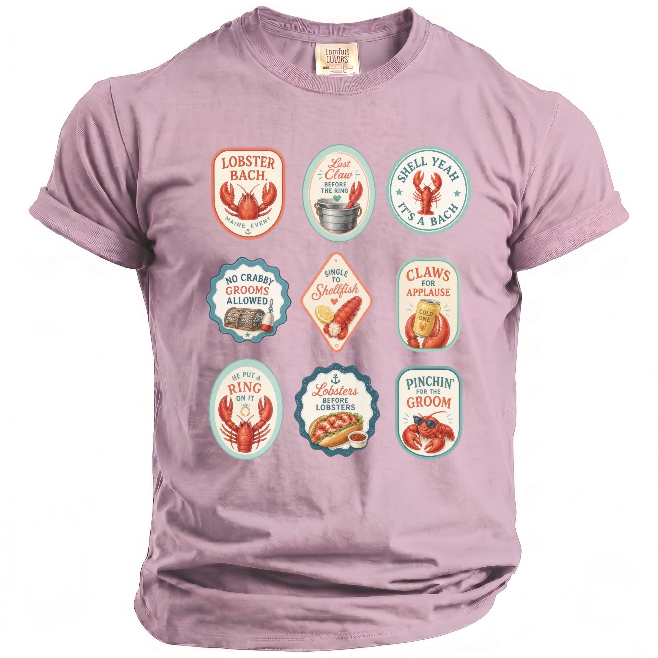 Lavender t-shirt with nine oval graphics featuring lobsters and humorous phrases.