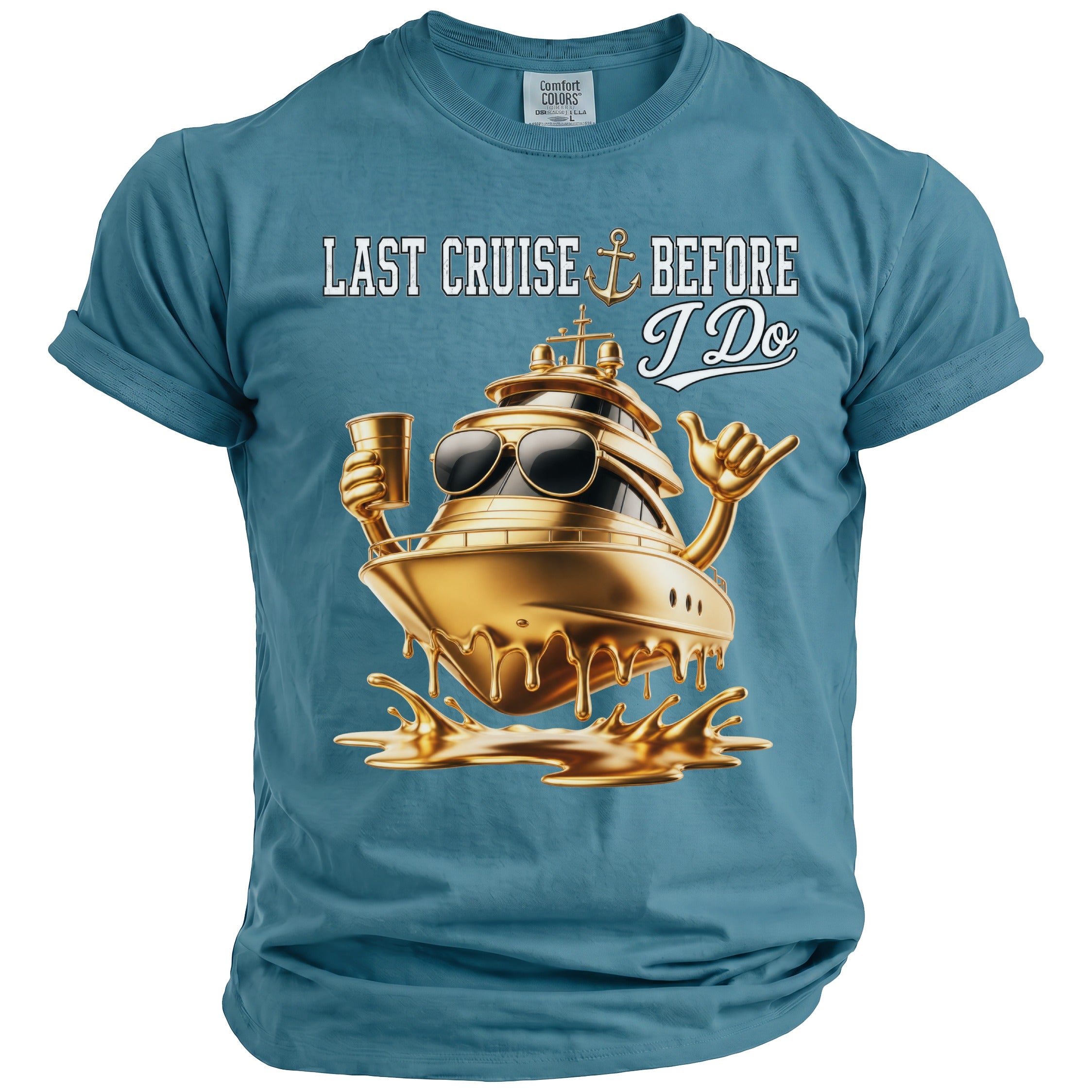 Blue t-shirt with graphic "Last Cruise Before I Do" and gold yacht.